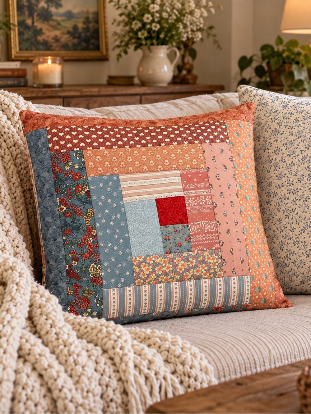 Vintage Cottagecore Patchwork Quilt Throw Pillow Floral Farmhouse Decor Granny